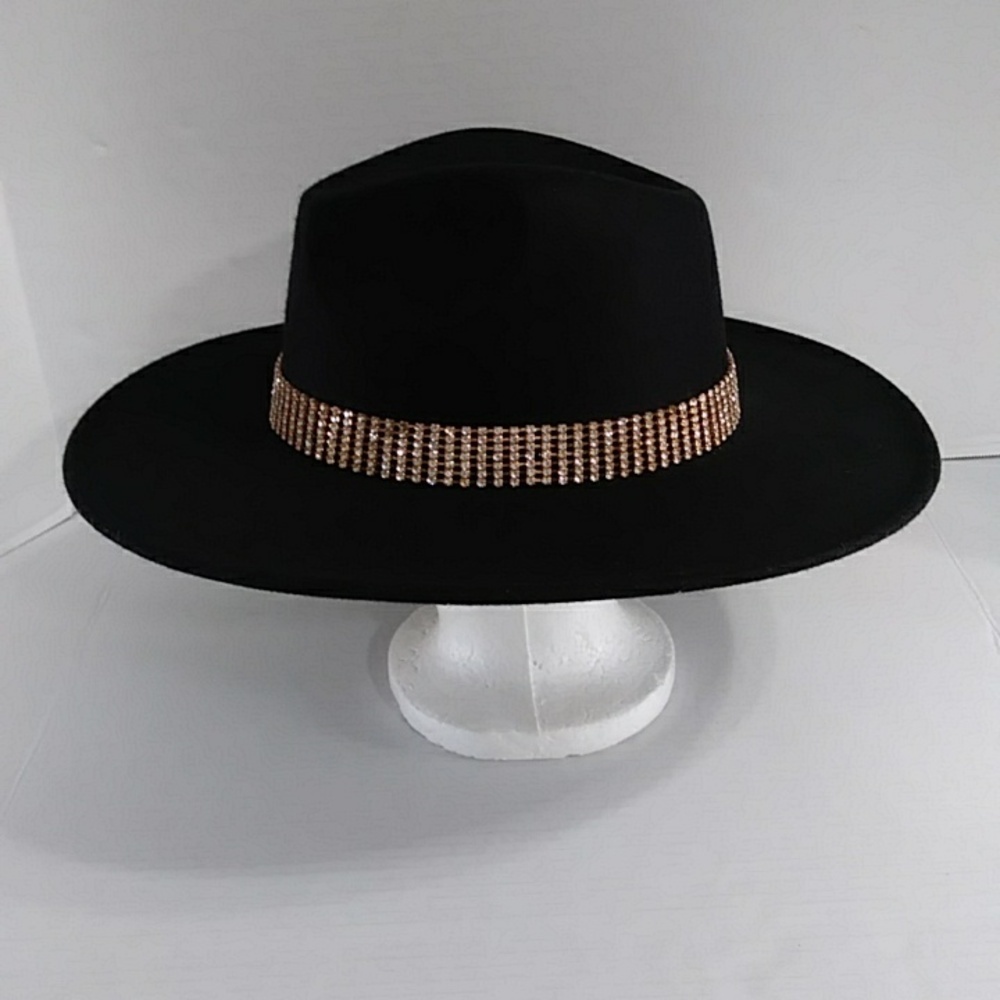 Black Fedora Hat With Gold Rhinestone Trim *EUC* - Picture 6 of 11